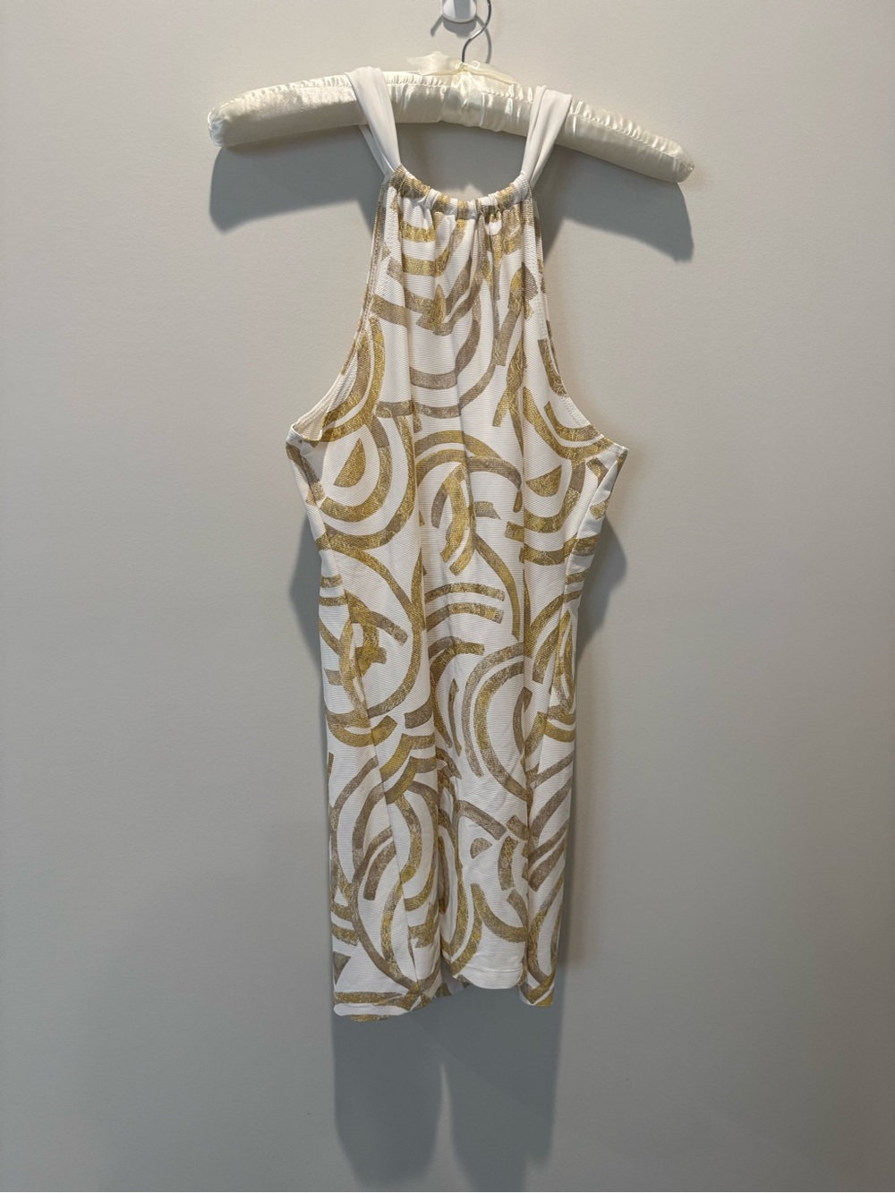 White Halter Tunic with Gold Swirl Pattern from Tara Grinna